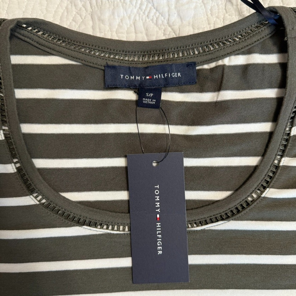 Tommy Hilfiger Olive Green & White Striped Round Neck T-Shirt Womens Size Small - Picture 5 of 11